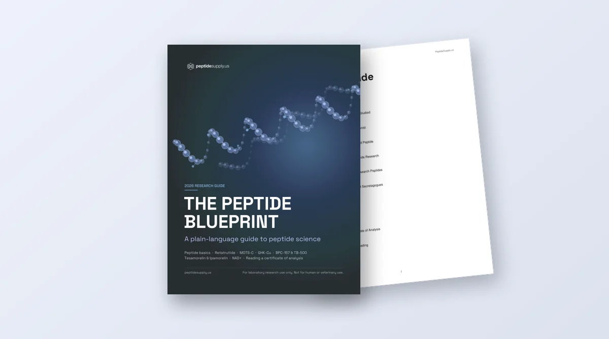 The Peptide Blueprint book on desk - 68 pages of peptide research