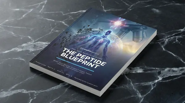 The Peptide Blueprint book on desk - 78 pages of peptide research