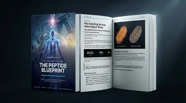 The Peptide Blueprint open book showing peptide research content